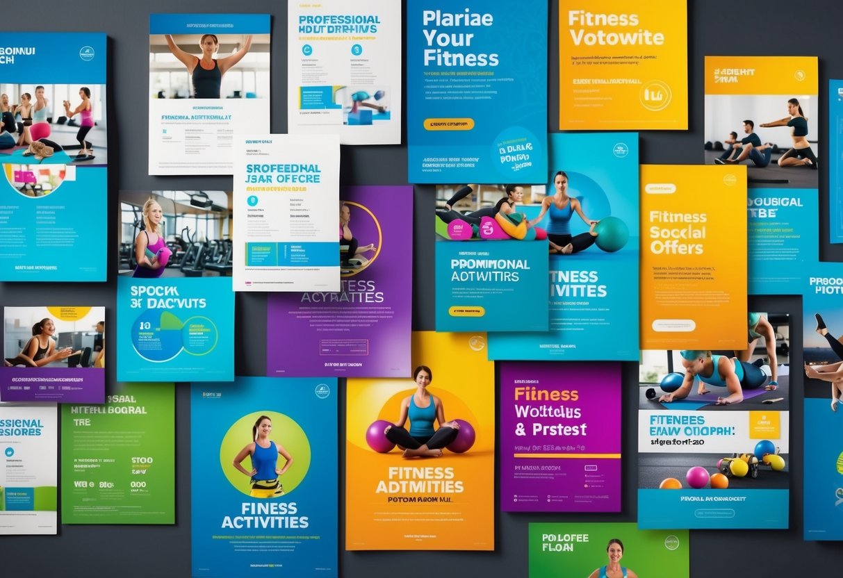 A colorful array of promotional materials, including flyers, posters, and digital ads, featuring vibrant images of fitness activities and special offers