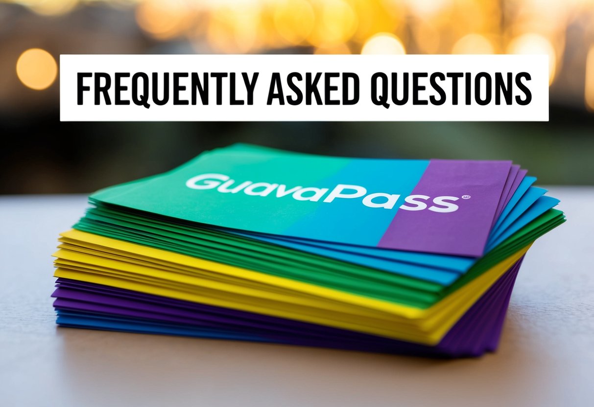 A stack of colorful promotional flyers for GuavaPass, with a bold "Frequently Asked Questions" heading