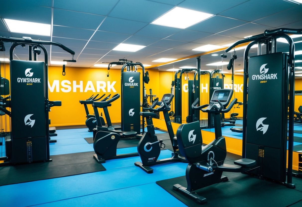A vibrant gym with sleek, modern equipment and bold Gymshark branding throughout. Bright lighting and energetic atmosphere