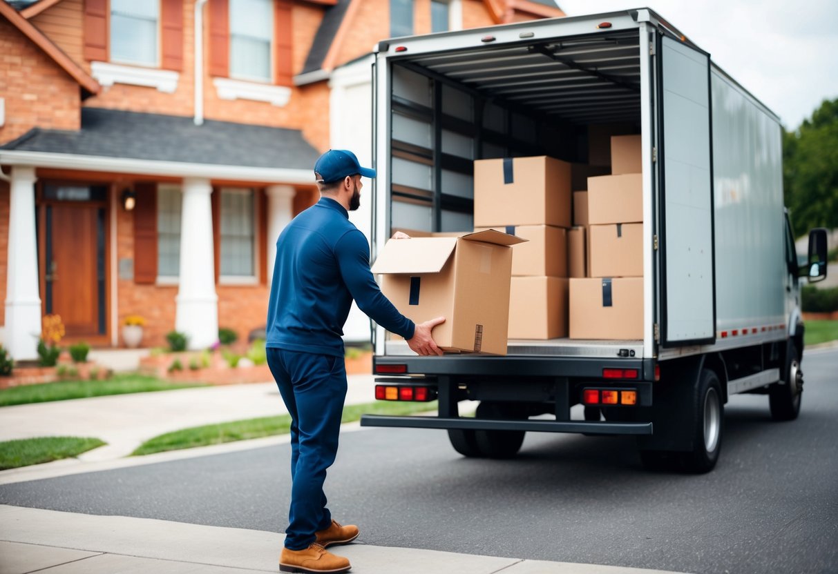 A delivery truck unloading boxes at a customer's doorstep