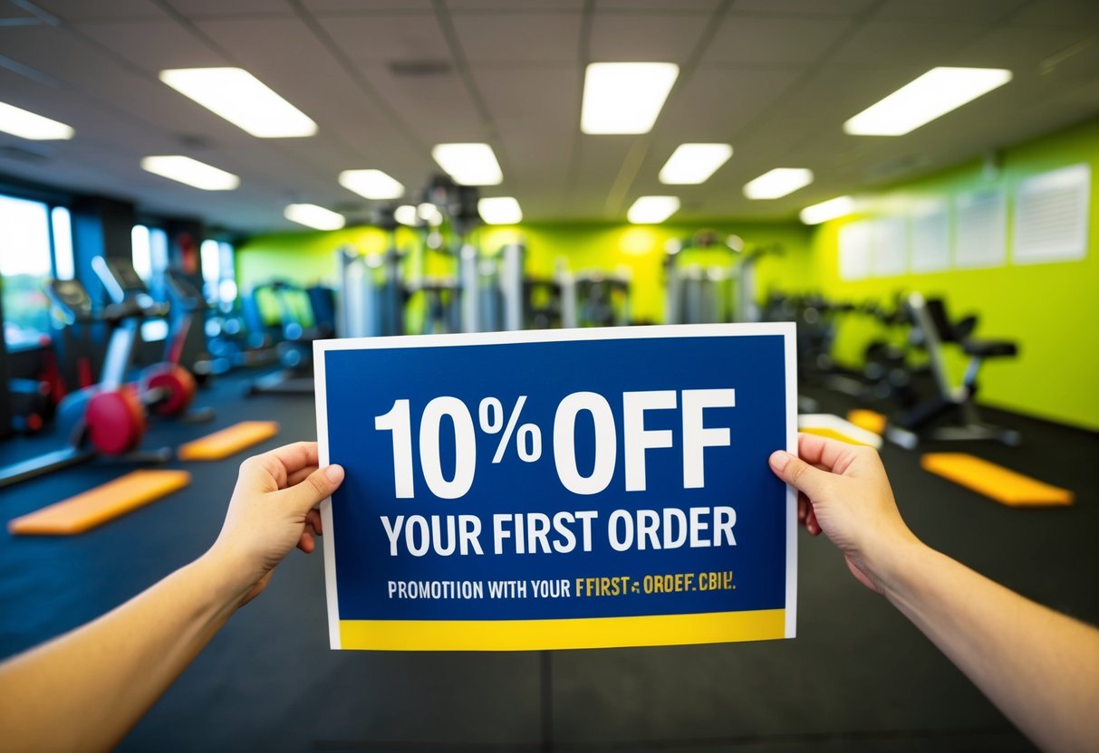 A colorful and energetic gym with a bold "10% Off Your First Order" promotion displayed prominently