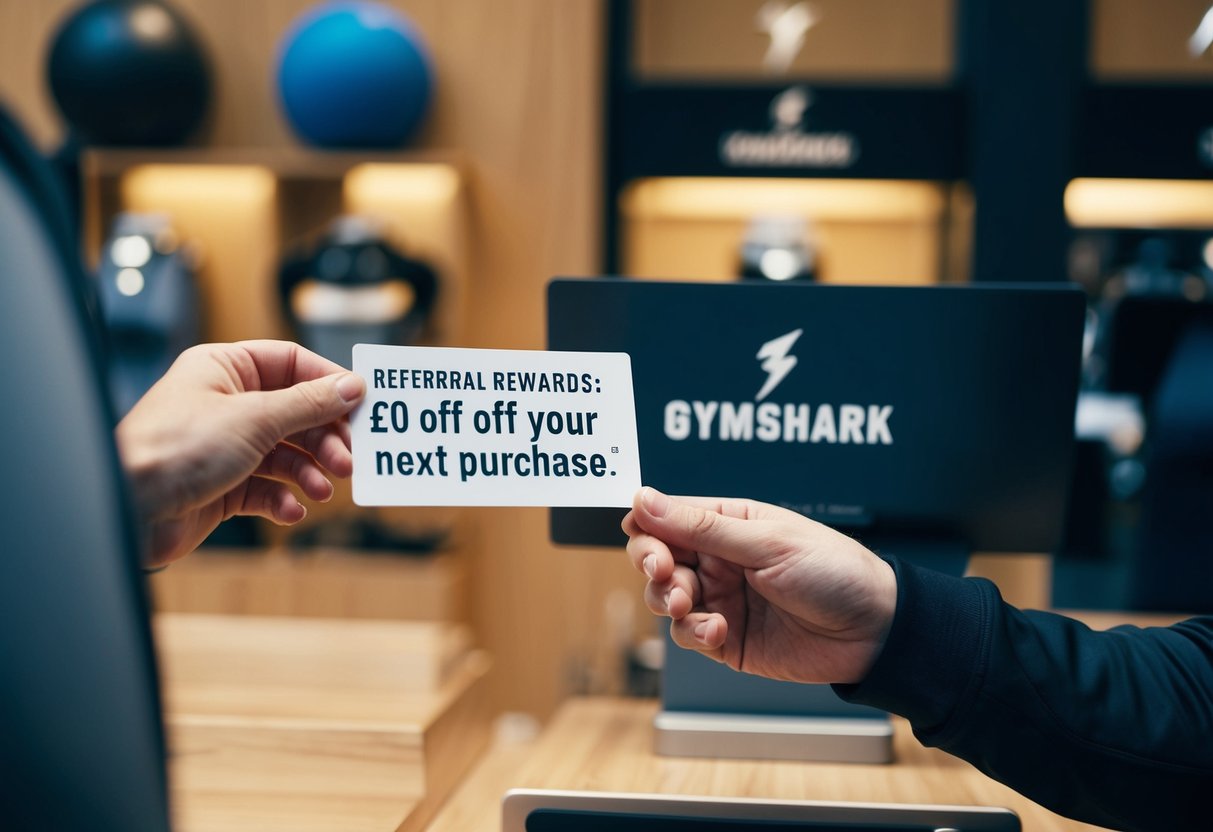 A person receiving a voucher with "Referral Rewards: £10 Off Your Next Purchase" at a Gymshark store checkout