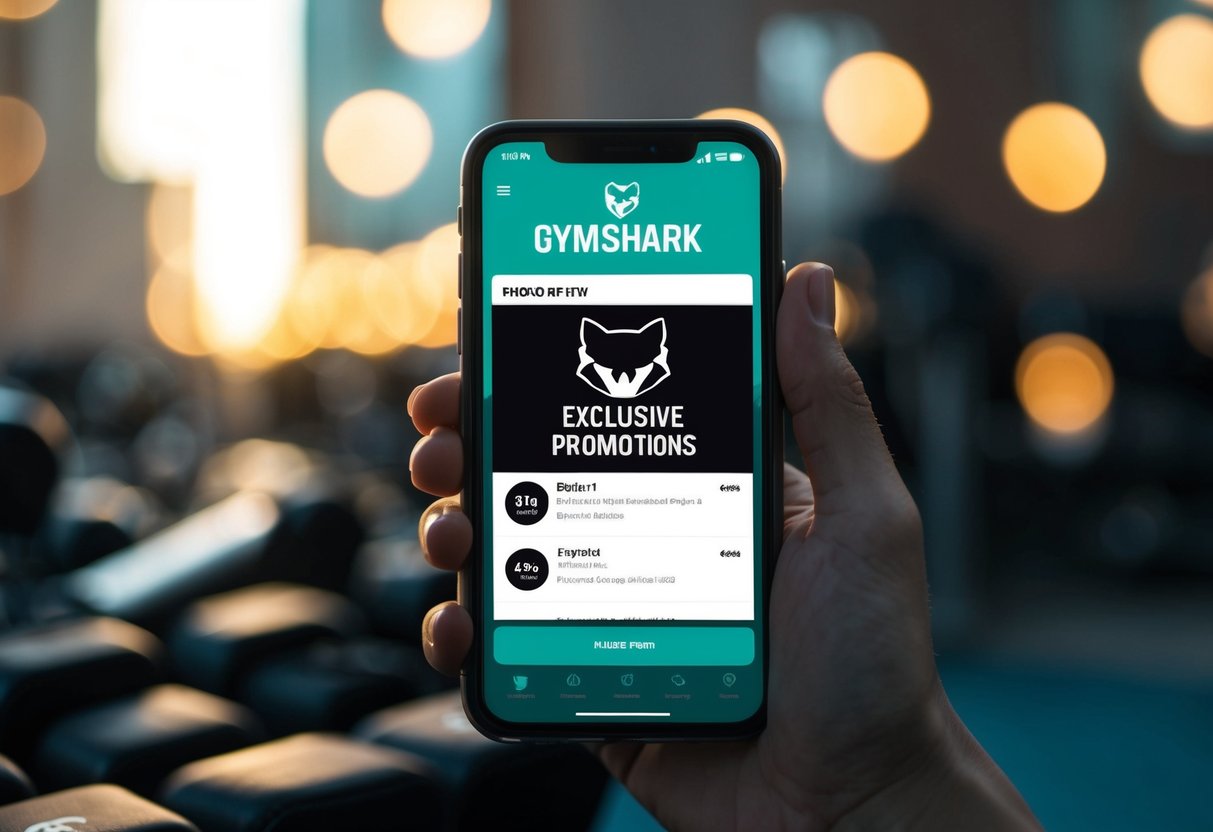 A smartphone displaying gymshark app with exclusive offers and promotions