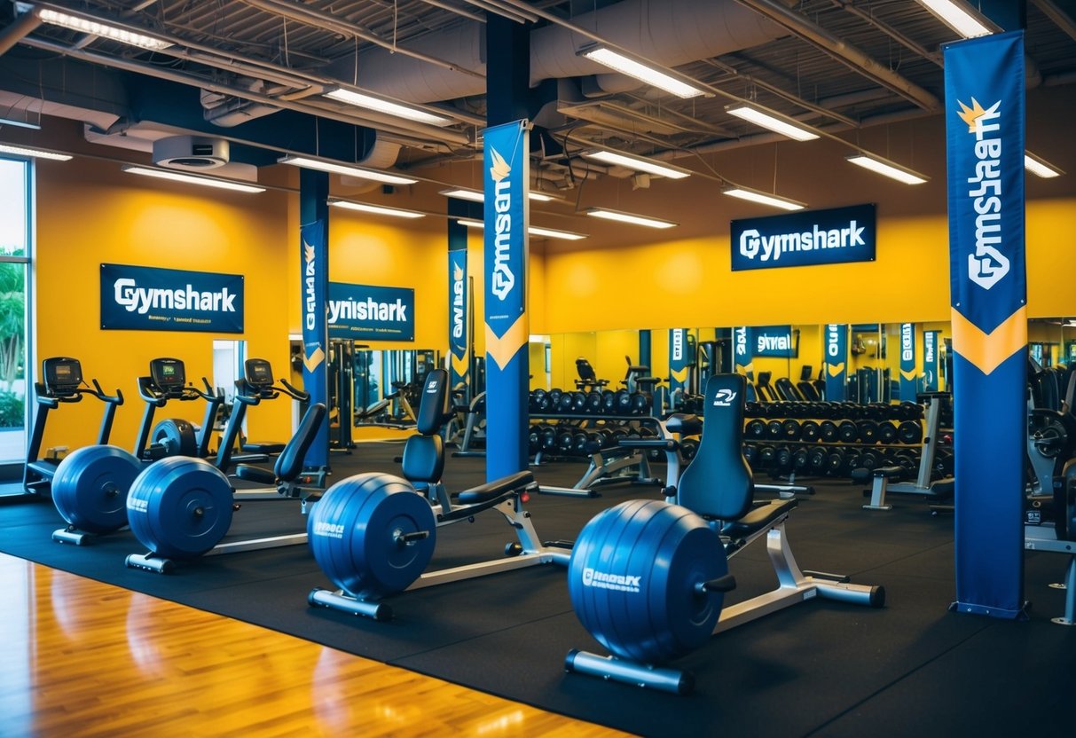 A vibrant gym with Gymshark logos displayed, featuring workout equipment and promotional banners