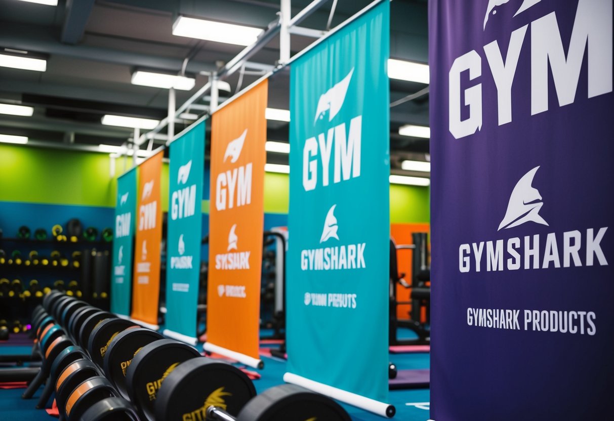 A vibrant gym with colorful banners and promotional displays showcasing Gymshark products