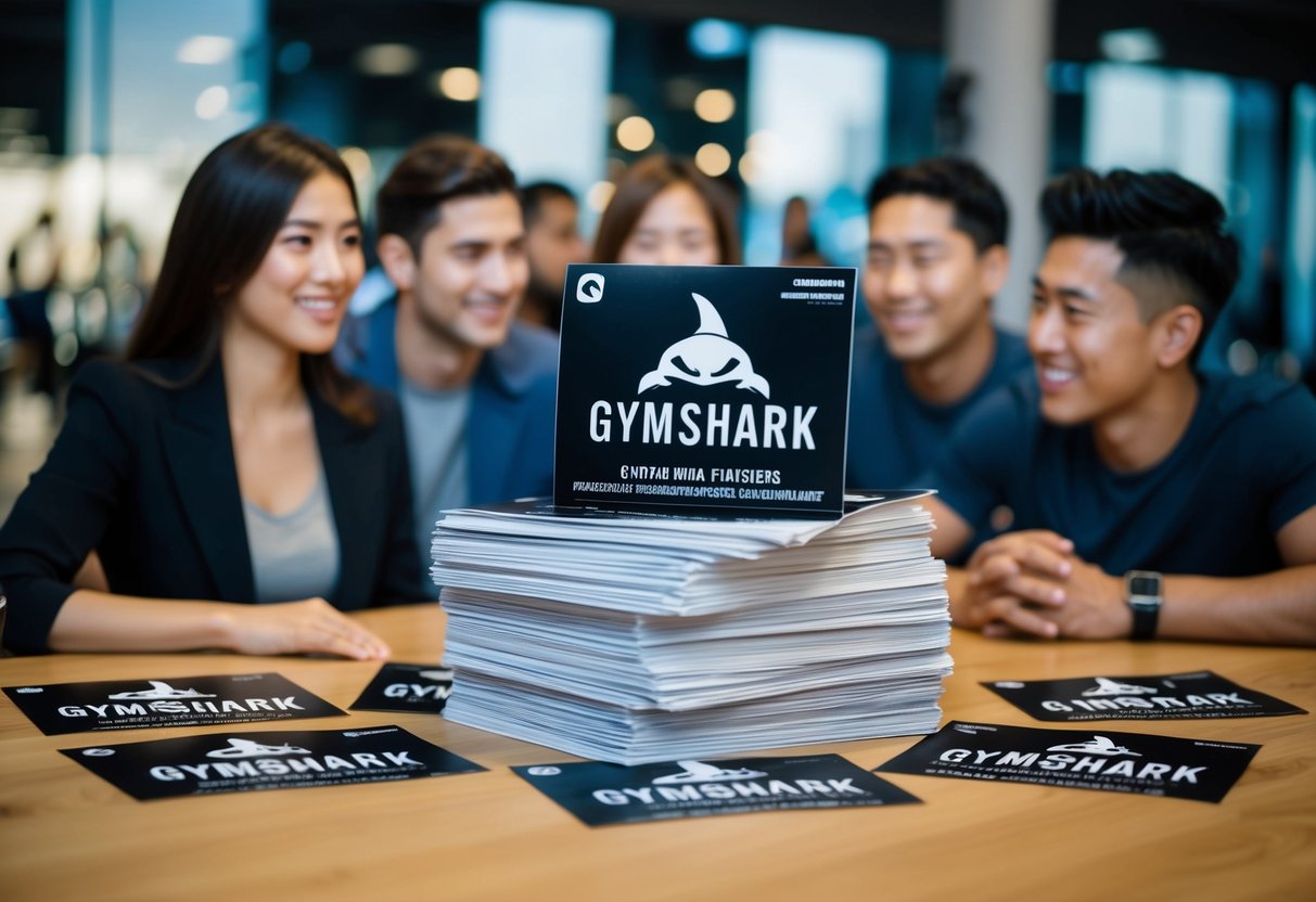 A stack of gymshark promotional flyers surrounded by curious customers