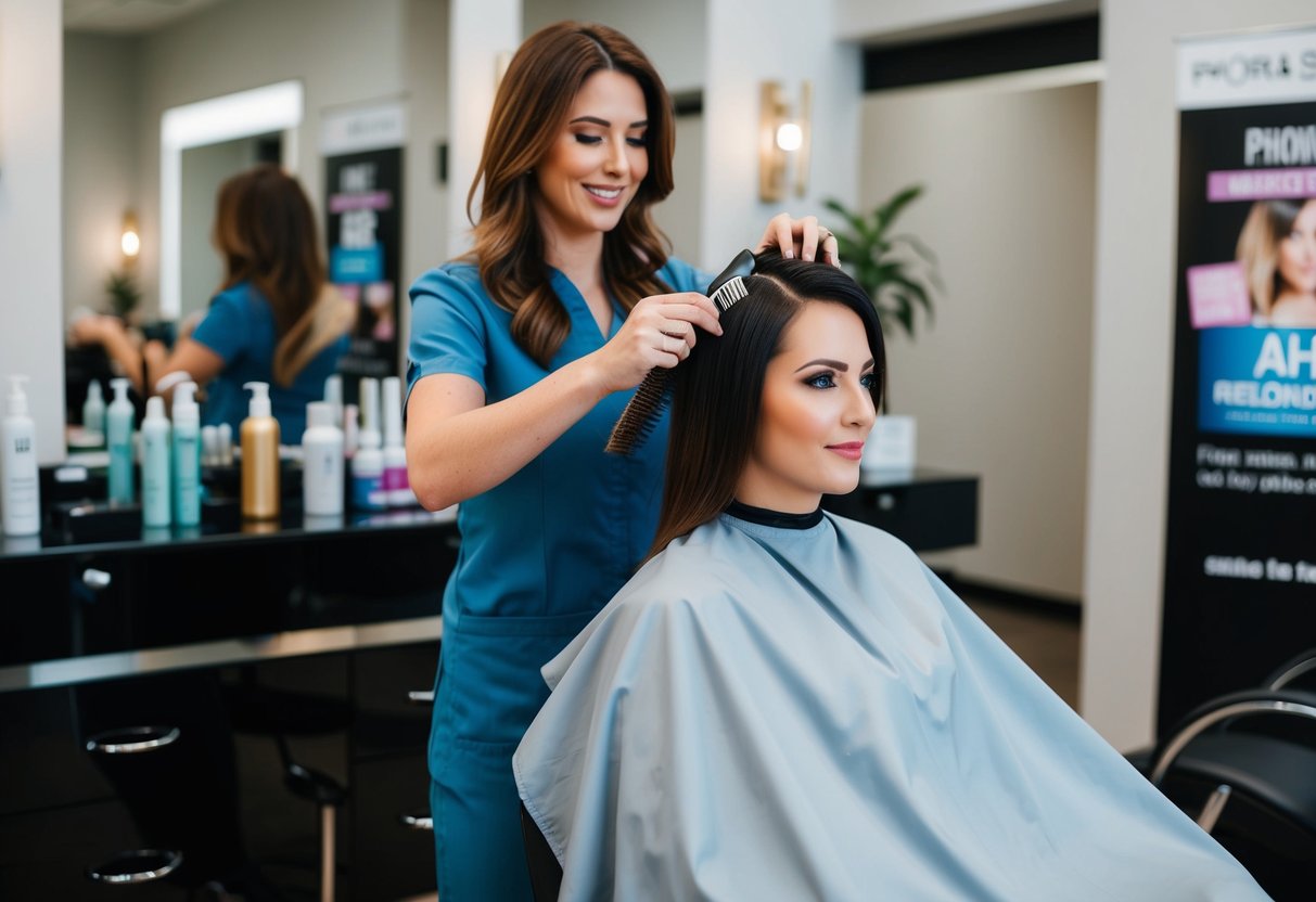 A salon chair with a client receiving a hair rebonding treatment, surrounded by hair care products and promotional signs