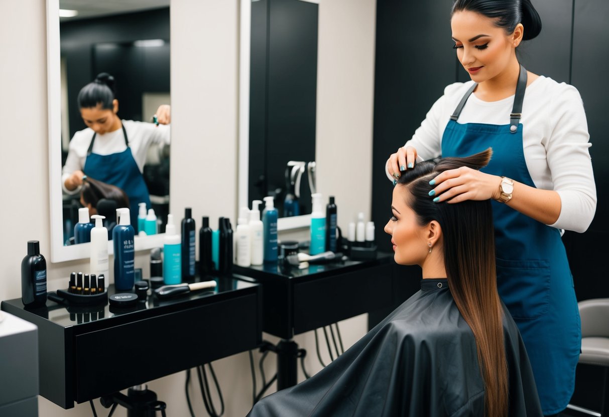 A salon chair surrounded by hair rebonding products and tools, with a stylist preparing to work on a client's hair