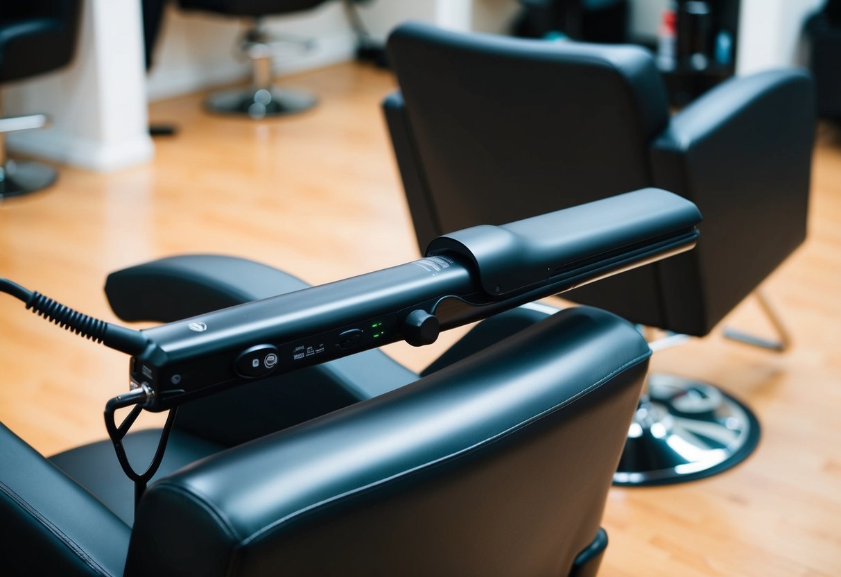 A salon chair with a hair straightening machine in use