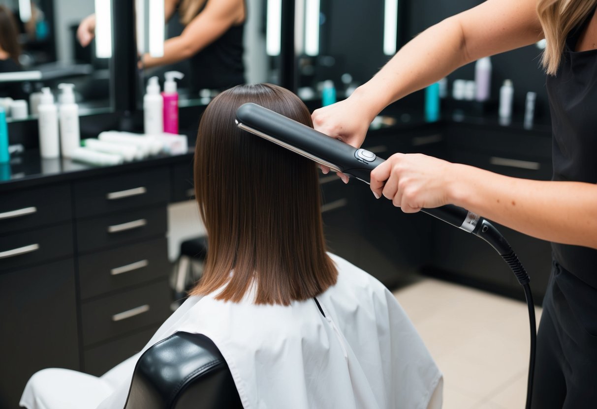 A salon chair surrounded by hair care products, with a stylist using a flat iron on a client's hair