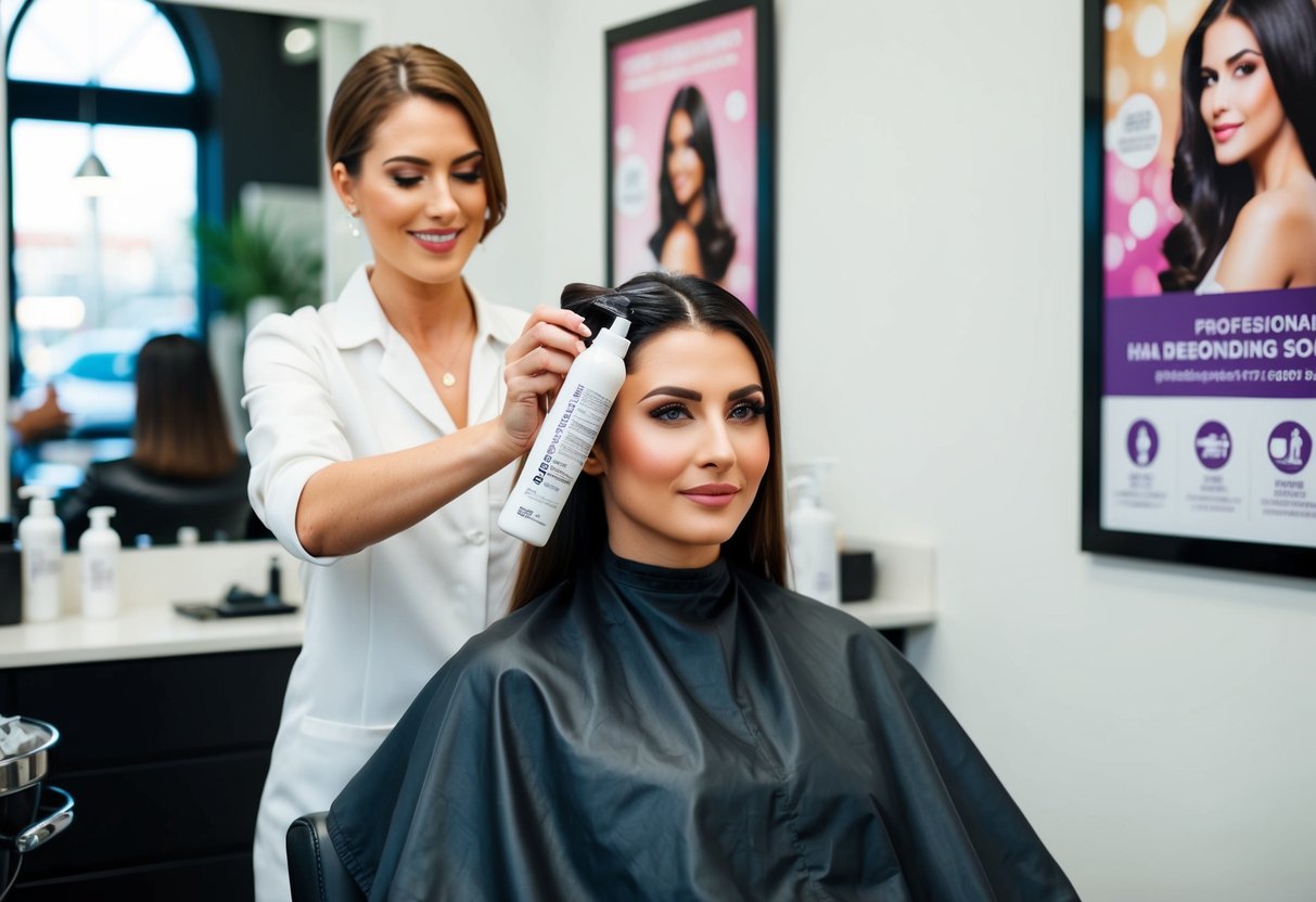 A woman sitting in a salon chair, hair being treated with hair rebonding solution by a stylist, promotional posters on the wall