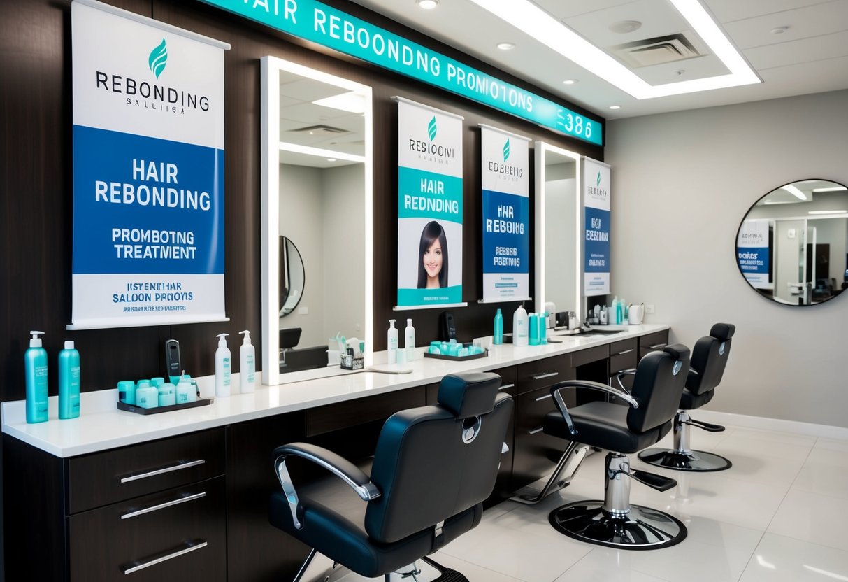 A salon with a sleek, modern interior, displaying signs and banners promoting hair rebonding promotions. A stylist's station is set up with equipment and products for the treatment
