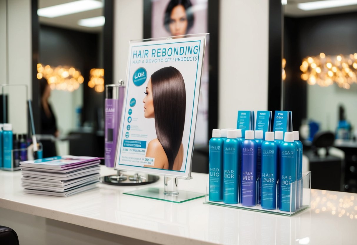 A salon counter with a stack of brochures, a promotional poster, and a display showcasing hair rebonding products