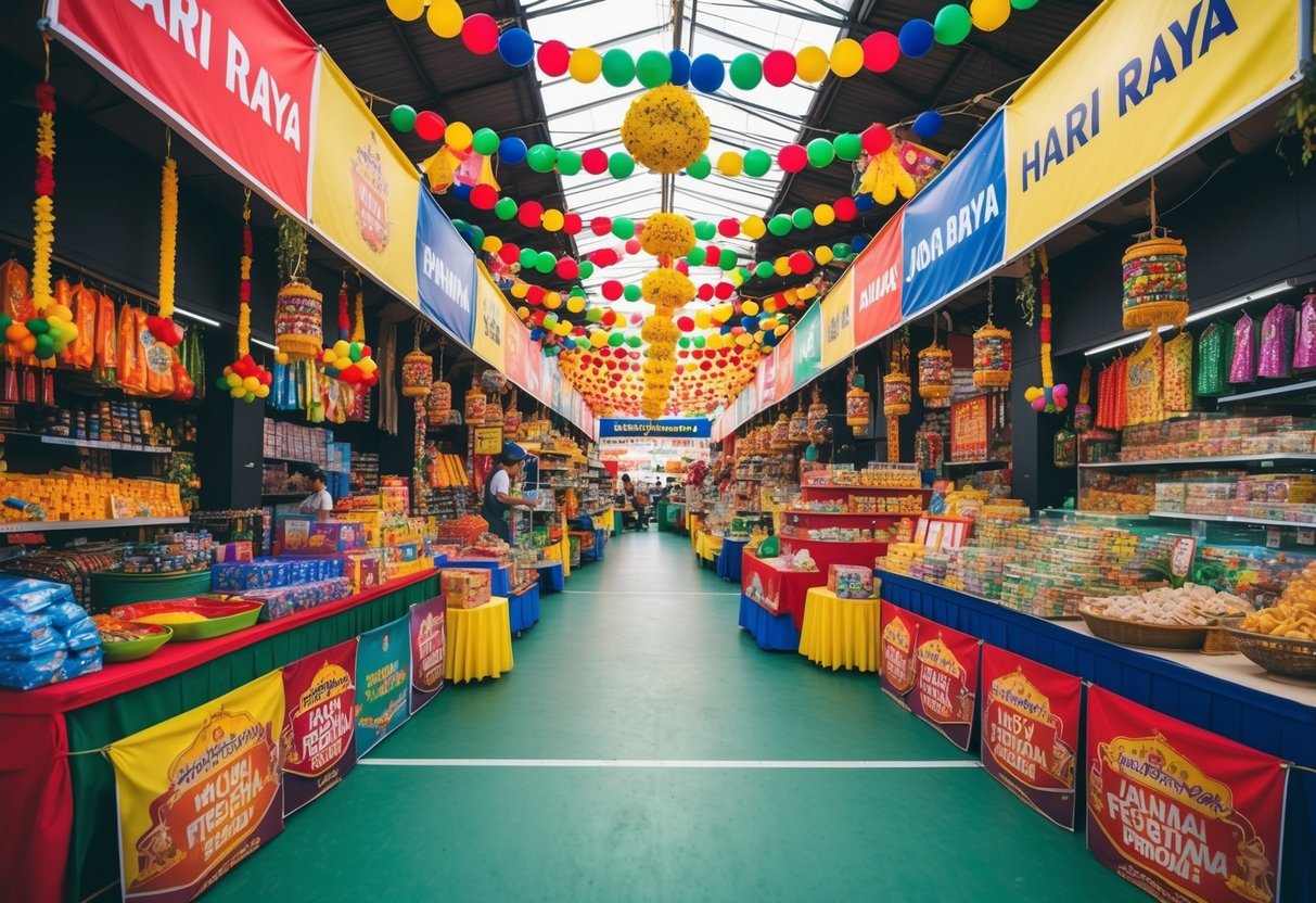 A colorful bazaar with festive decorations and banners, showcasing various products and special offers for Hari Raya promotions