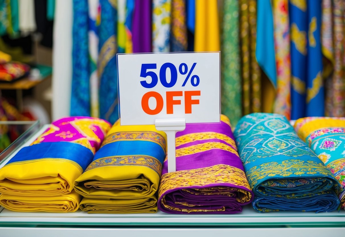 A colorful display of batik sarongs with a "50% off" sign at Batik Boutique for hari raya promotions