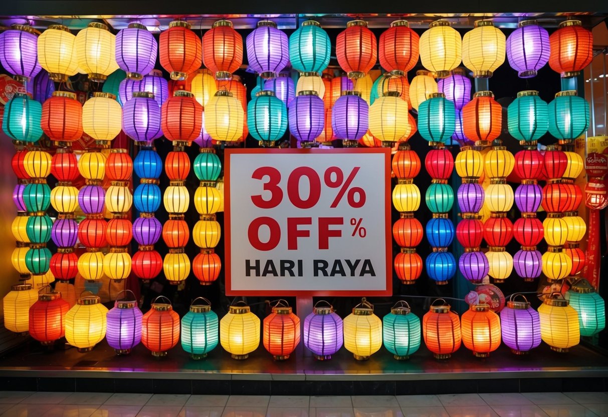 A colorful display of lanterns at Lights Up Store, with a prominent "30% Off" sign for Hari Raya promotions