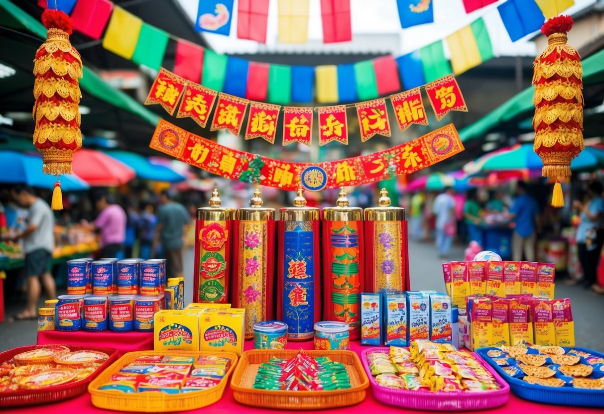 A festive scene with traditional Hari Raya decorations, colorful banners, and promotional items displayed in a vibrant market setting