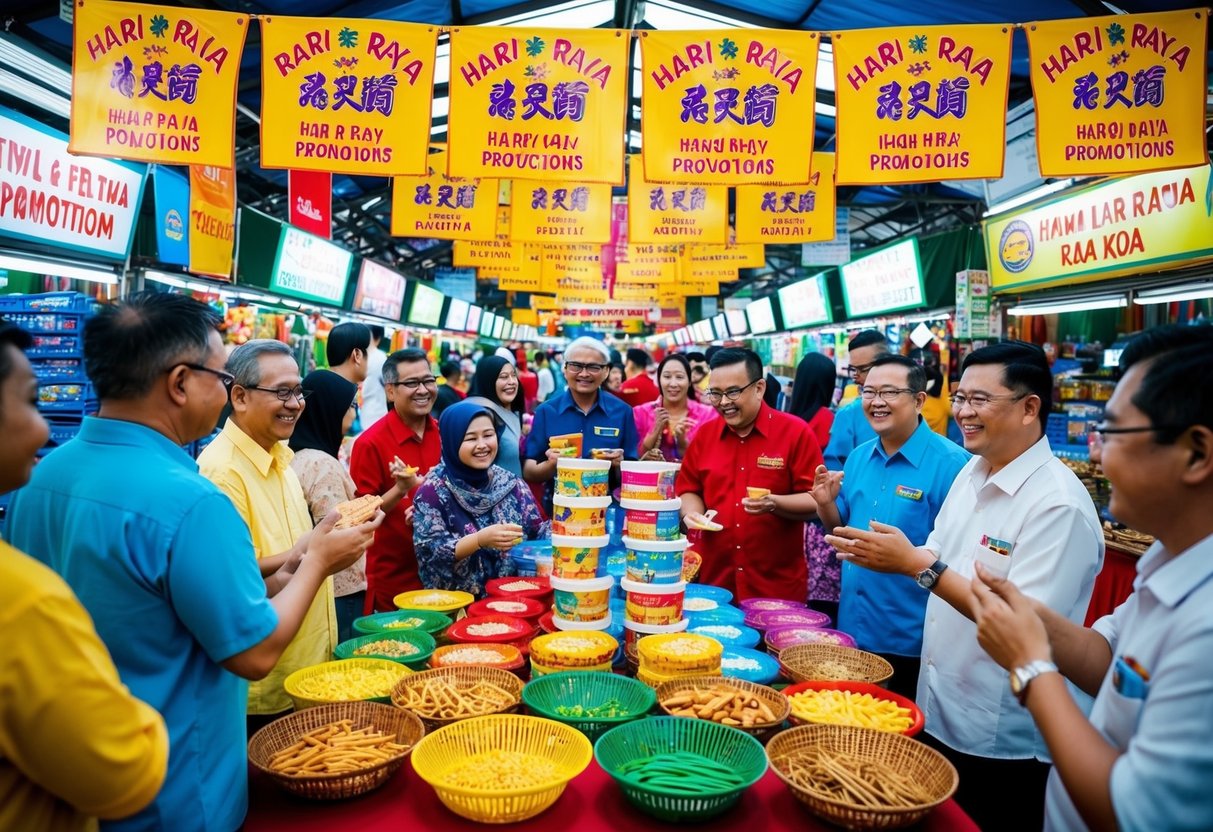 A festive market stall with colorful banners and products, surrounded by happy customers enjoying special Hari Raya promotions