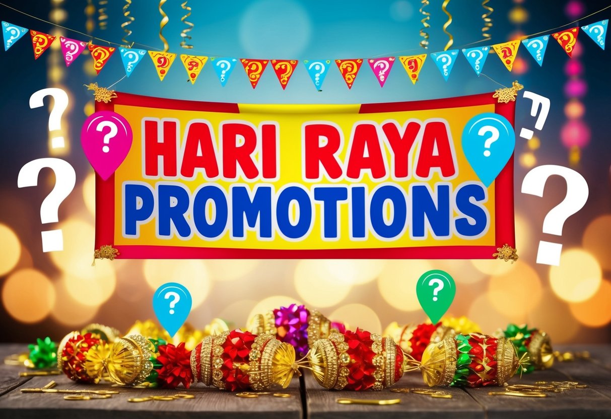A colorful banner with "Hari Raya Promotions" surrounded by question marks and festive decorations