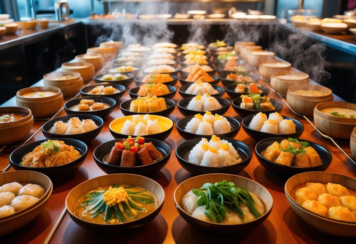 A colorful spread of various dim sum dishes displayed on a long buffet table, with steam rising from bamboo baskets and the aroma of savory and sweet flavors filling the air