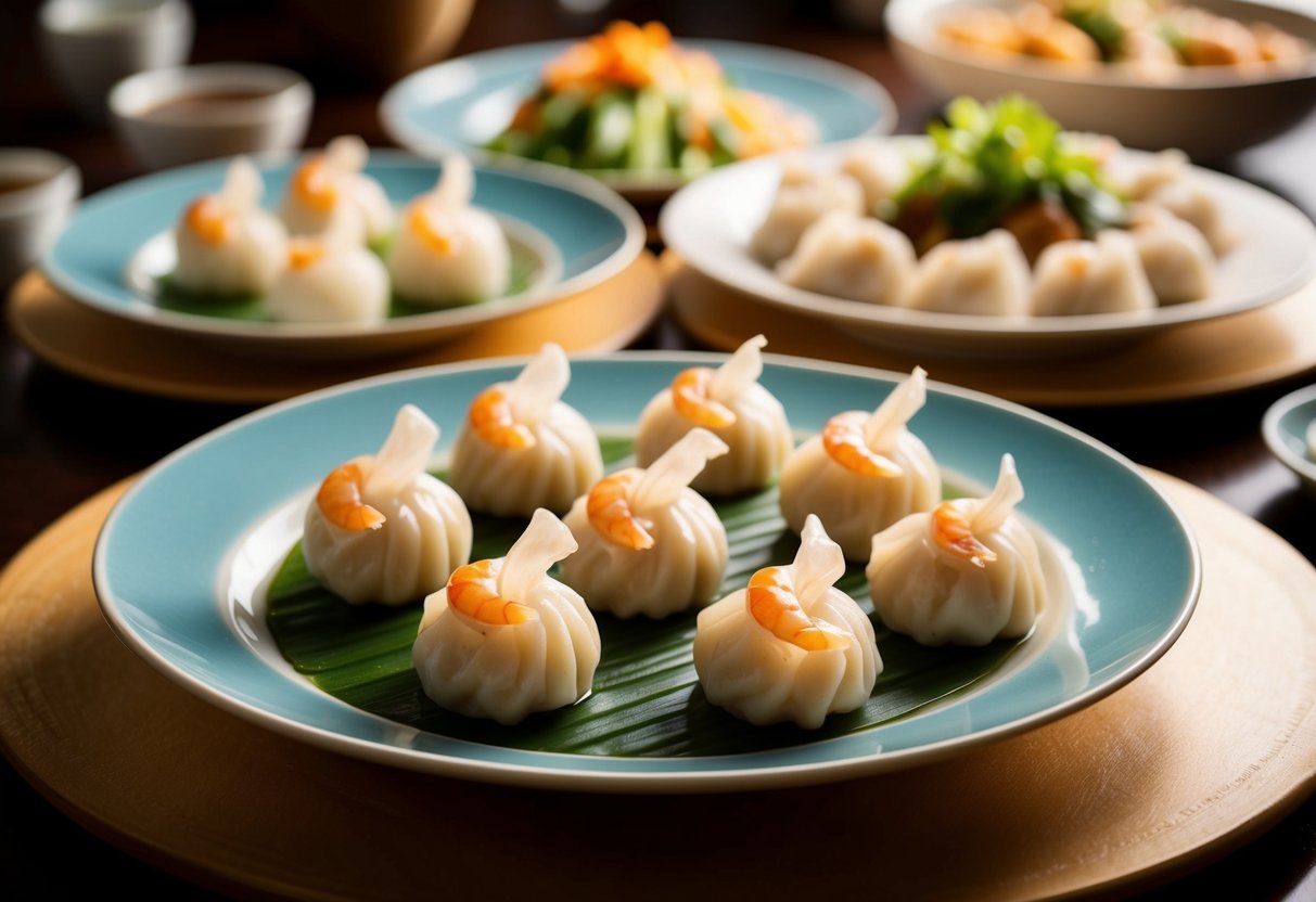 A table adorned with steamed crystal shrimp dumplings at a bustling dim sum buffet lunch promotion