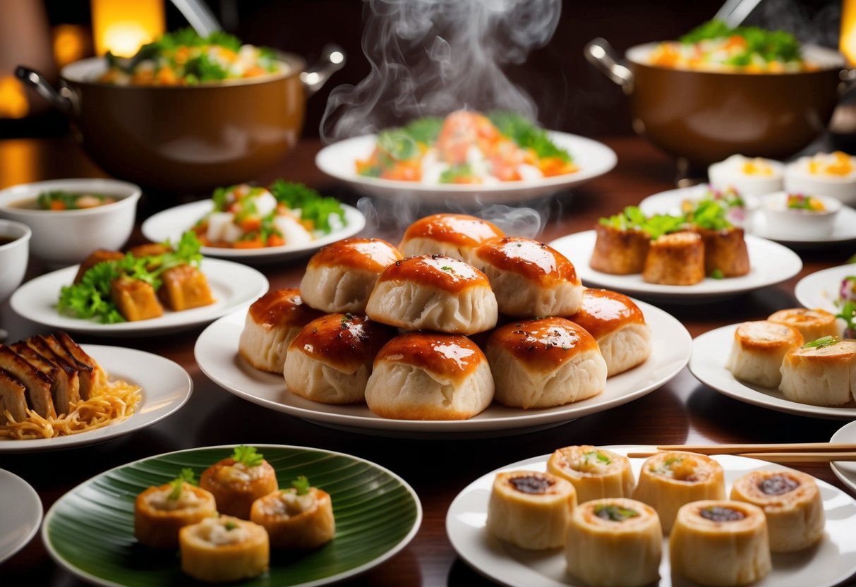 A table filled with steaming BBQ pork buns surrounded by a variety of dim sum dishes at a bustling buffet lunch promotion