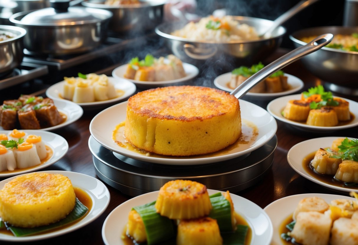 A sizzling pan-fried turnip cake surrounded by a variety of dim sum dishes at a bustling lunch buffet