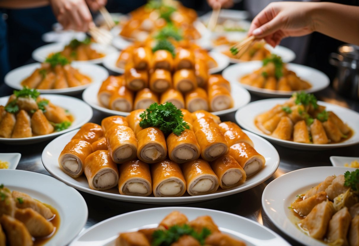 A table filled with steaming Peking Duck Rolls, surrounded by plates of dim sum, at a bustling lunch buffet