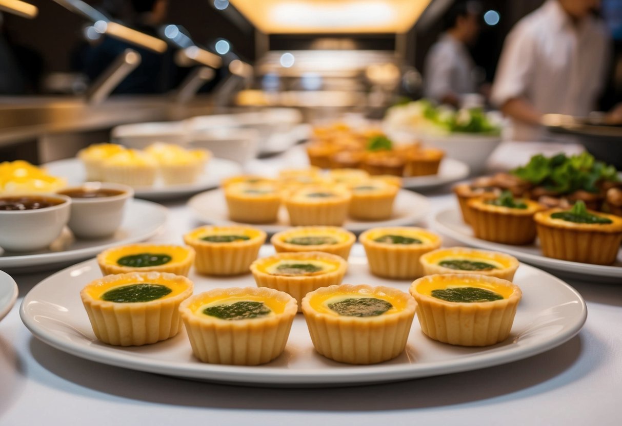 A table filled with egg custard tarts and other dim sum dishes at a bustling lunch buffet