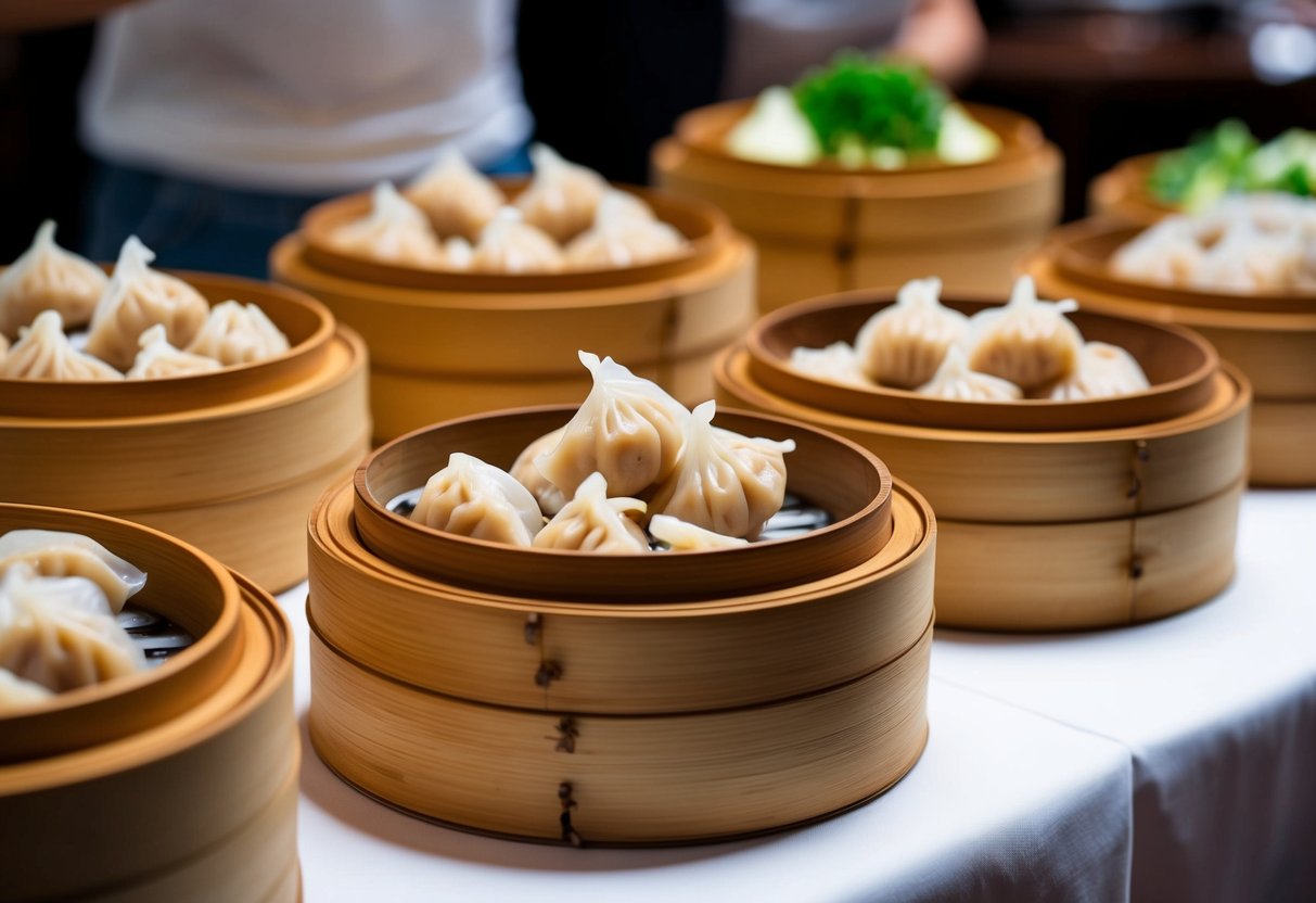 A table filled with bamboo steamers overflowing with Siu Mai Pork Dumplings at a bustling dim sum buffet lunch promotion