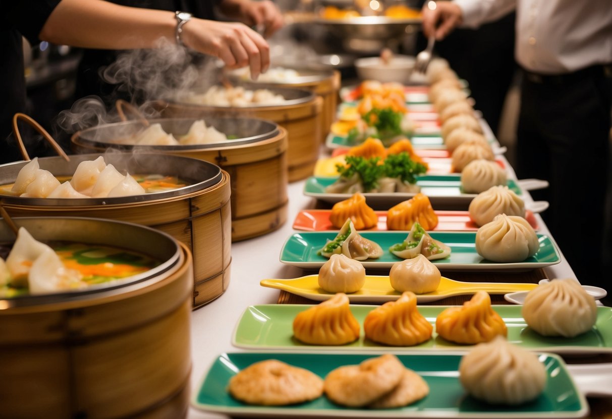 A bustling dim sum buffet with steaming bamboo baskets and colorful plates of dumplings and buns spread out on a long table