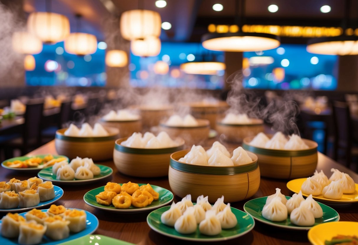 A bustling dim sum restaurant with steaming bamboo baskets and colorful plates of various dumplings and snacks spread out on the tables
