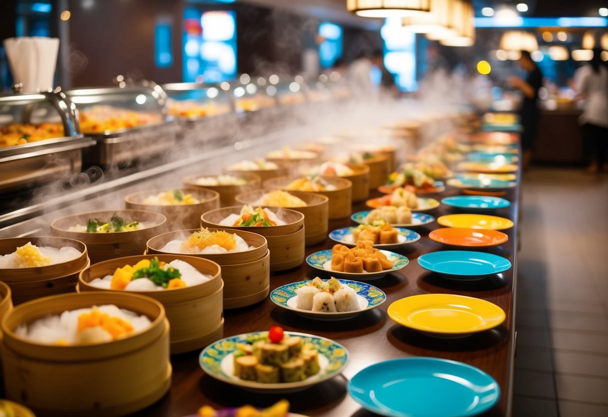 A bustling dim sum restaurant with steaming bamboo baskets, colorful plates, and a variety of bite-sized delicacies spread out on a long buffet table