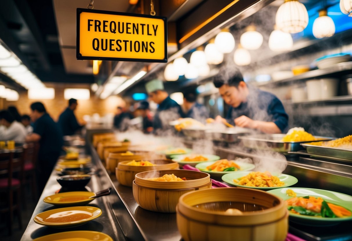 A bustling dim sum restaurant with steaming bamboo baskets, colorful dishes, and a prominent "Frequently Asked Questions" sign