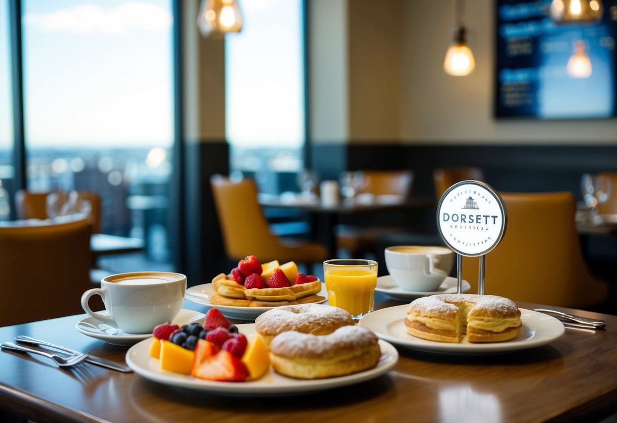 A table set with a variety of breakfast foods, including pastries, fruits, and coffee, with a Dorsett Restaurants logo displayed prominently