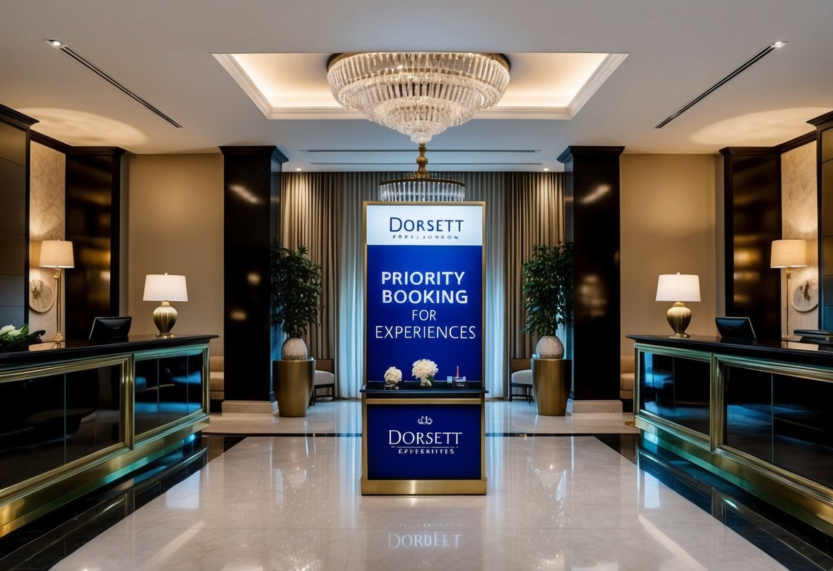 A luxurious hotel lobby with a sleek reception desk, elegant decor, and a prominent "Priority Booking for Dorsett Experiences" promotional display
