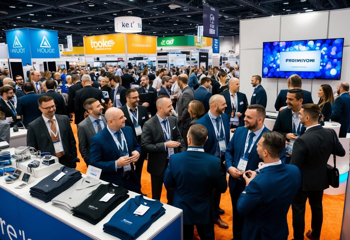 A bustling trade show booth with branded merchandise displayed, a crowd of people chatting with staff, and a promotional video playing on a large screen