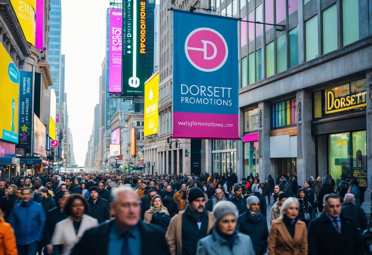 A bustling city street with colorful billboards and a crowd of people passing by. A large banner with the Dorsett Promotions logo hangs from a building