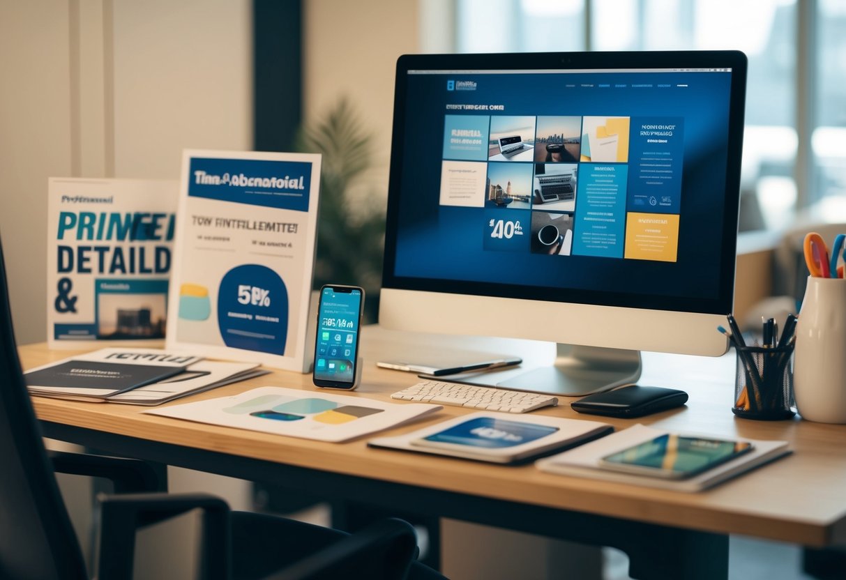 A desk with a computer and phone, surrounded by printed materials and promotional items