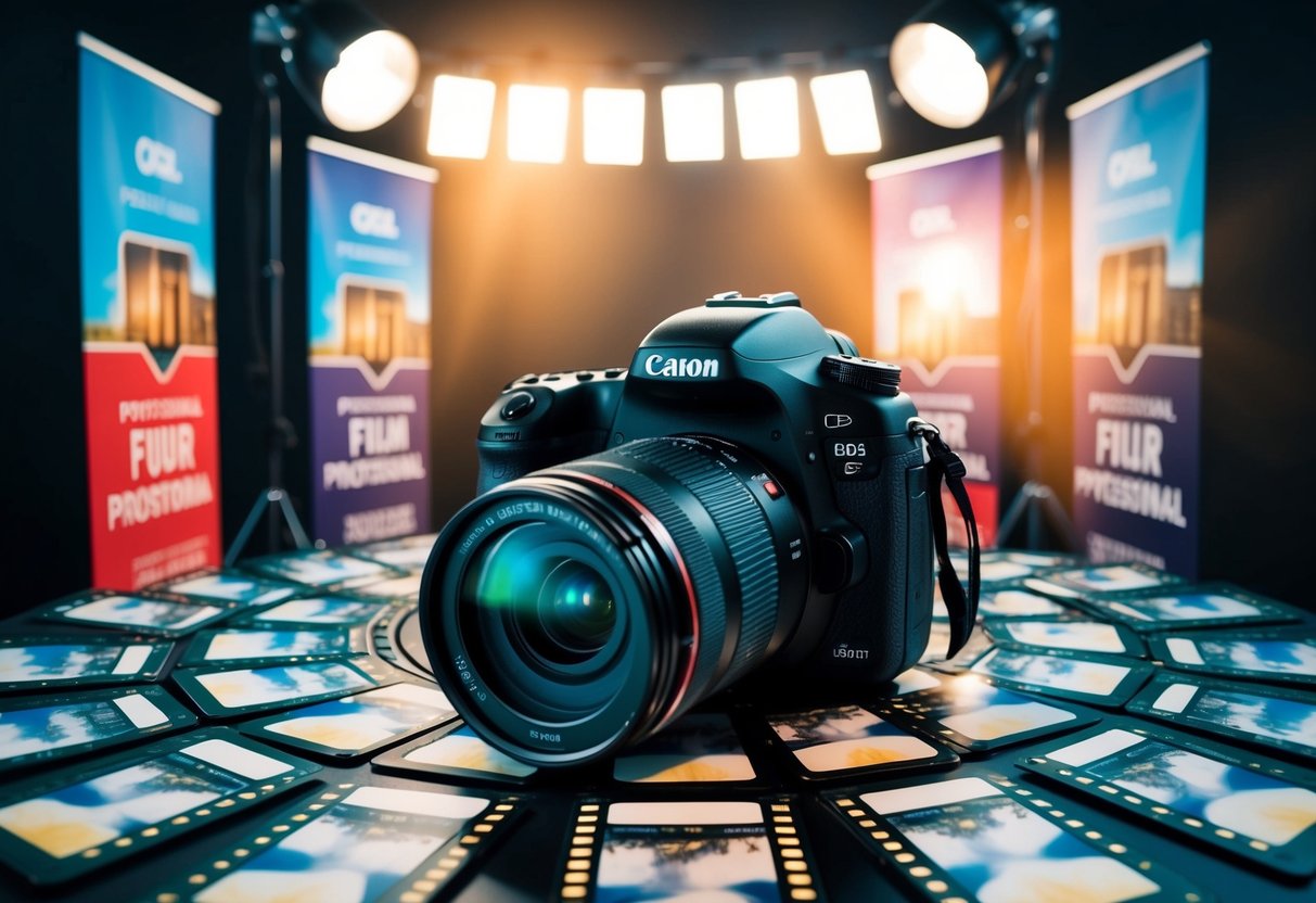 A DSLR camera surrounded by promotional banners and spotlights
