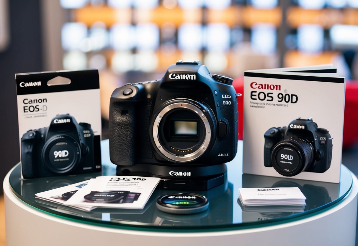 A Canon EOS 90D DSLR camera surrounded by promotional materials and accessories on a sleek, modern display table