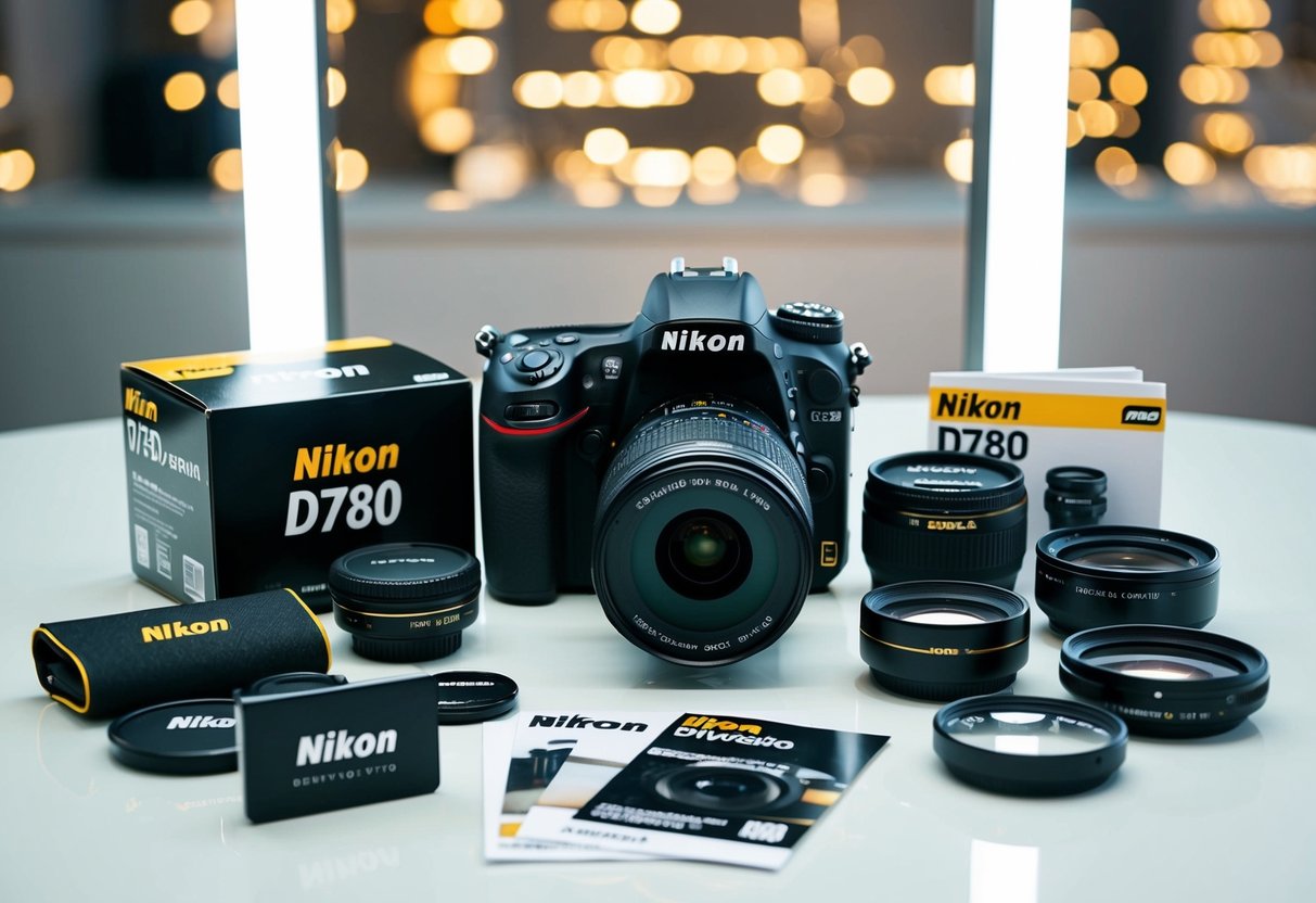 A Nikon D780 DSLR camera surrounded by promotional materials and accessories on a clean, modern display