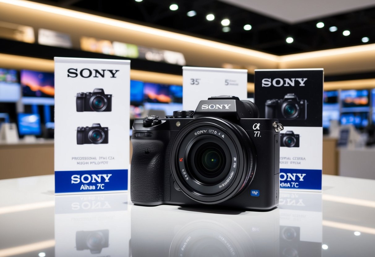 A sleek Sony Alpha 7C dslr camera displayed with promotional materials in a well-lit, modern electronics store