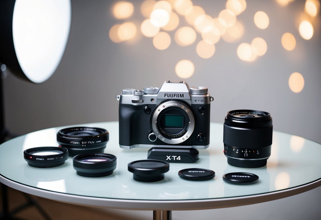 A table with Fujifilm X-T4 camera, lens, and accessories displayed in a well-lit studio setting