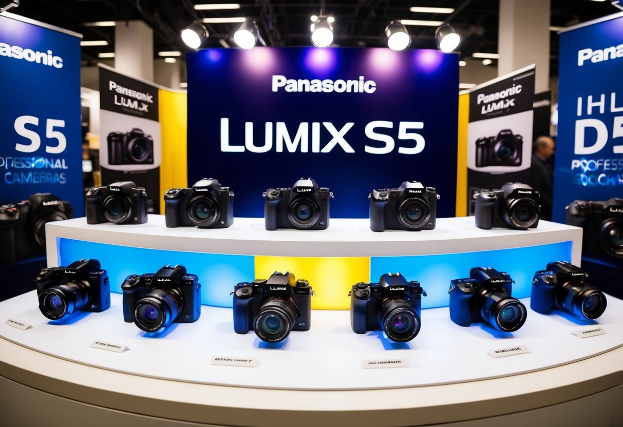 A vibrant display of Panasonic Lumix S5 dslr cameras with promotional banners and eye-catching lighting