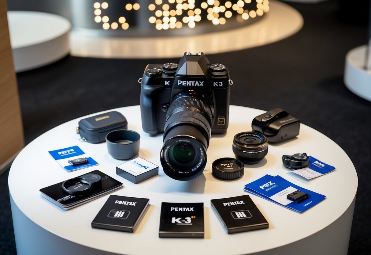 A Pentax K-3 Mark III dslr camera surrounded by promotional materials and accessories on a clean, modern display table