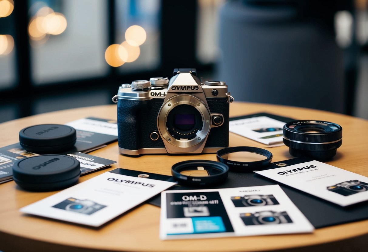 A table with the Olympus OM-D E-M5 Mark III camera, surrounded by promotional materials and accessories