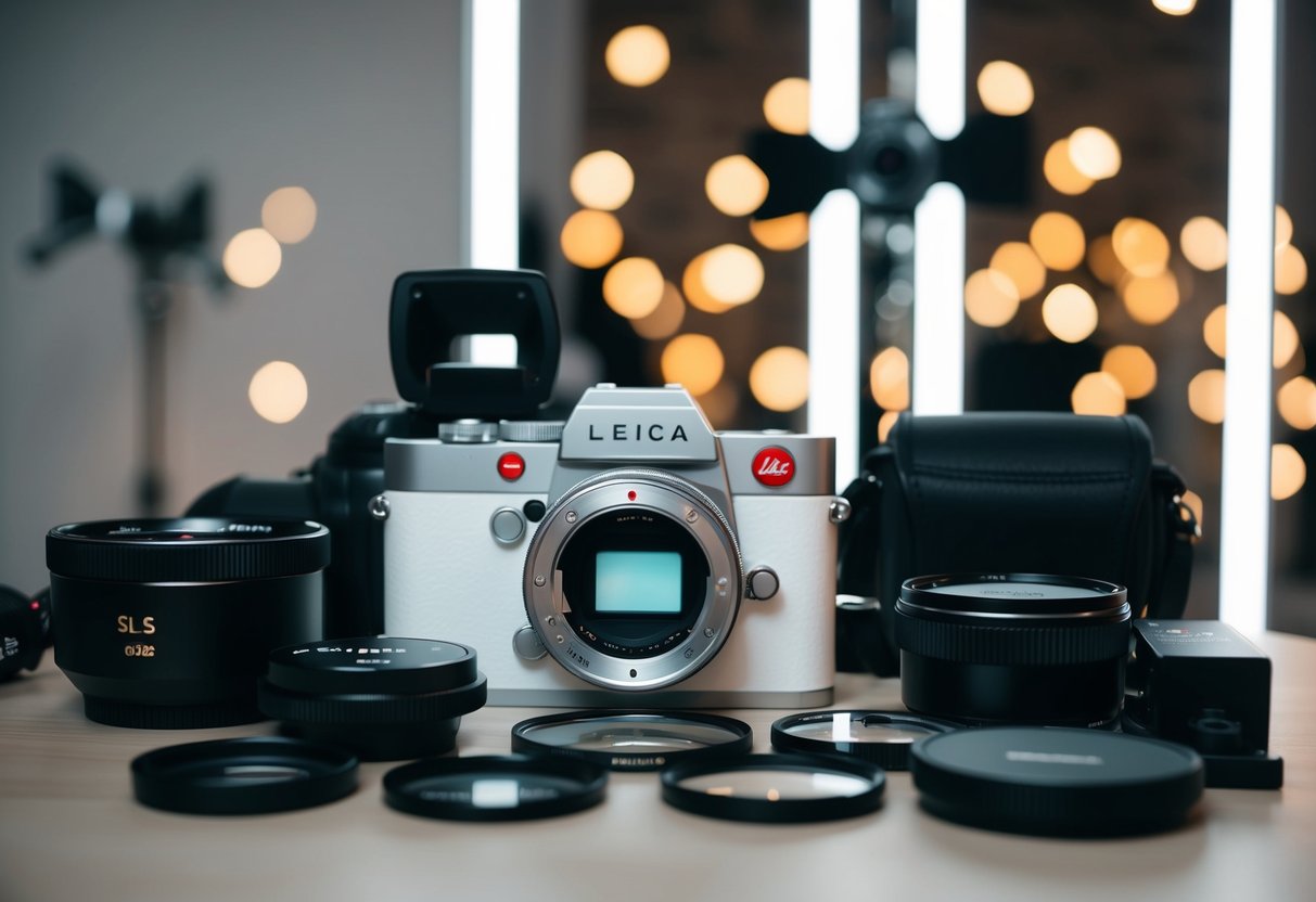 A sleek Leica SL2-S dslr camera surrounded by professional photography equipment in a modern studio setting