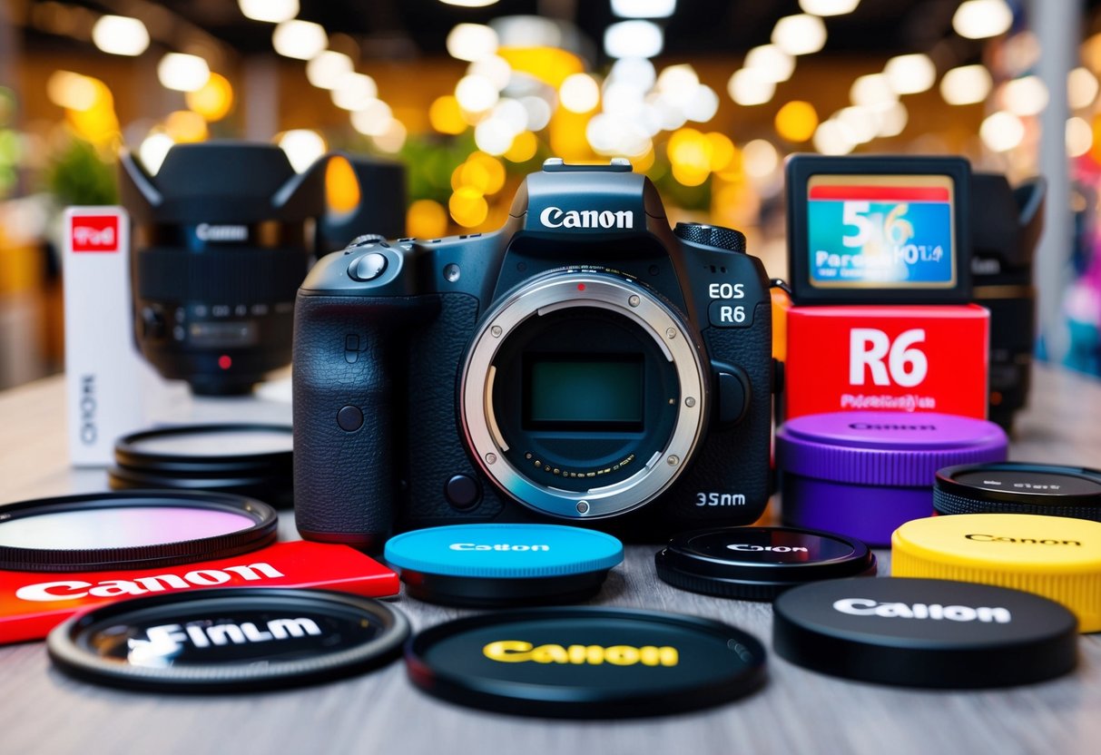 A Canon EOS R6 dslr camera surrounded by vibrant promotional elements and accessories