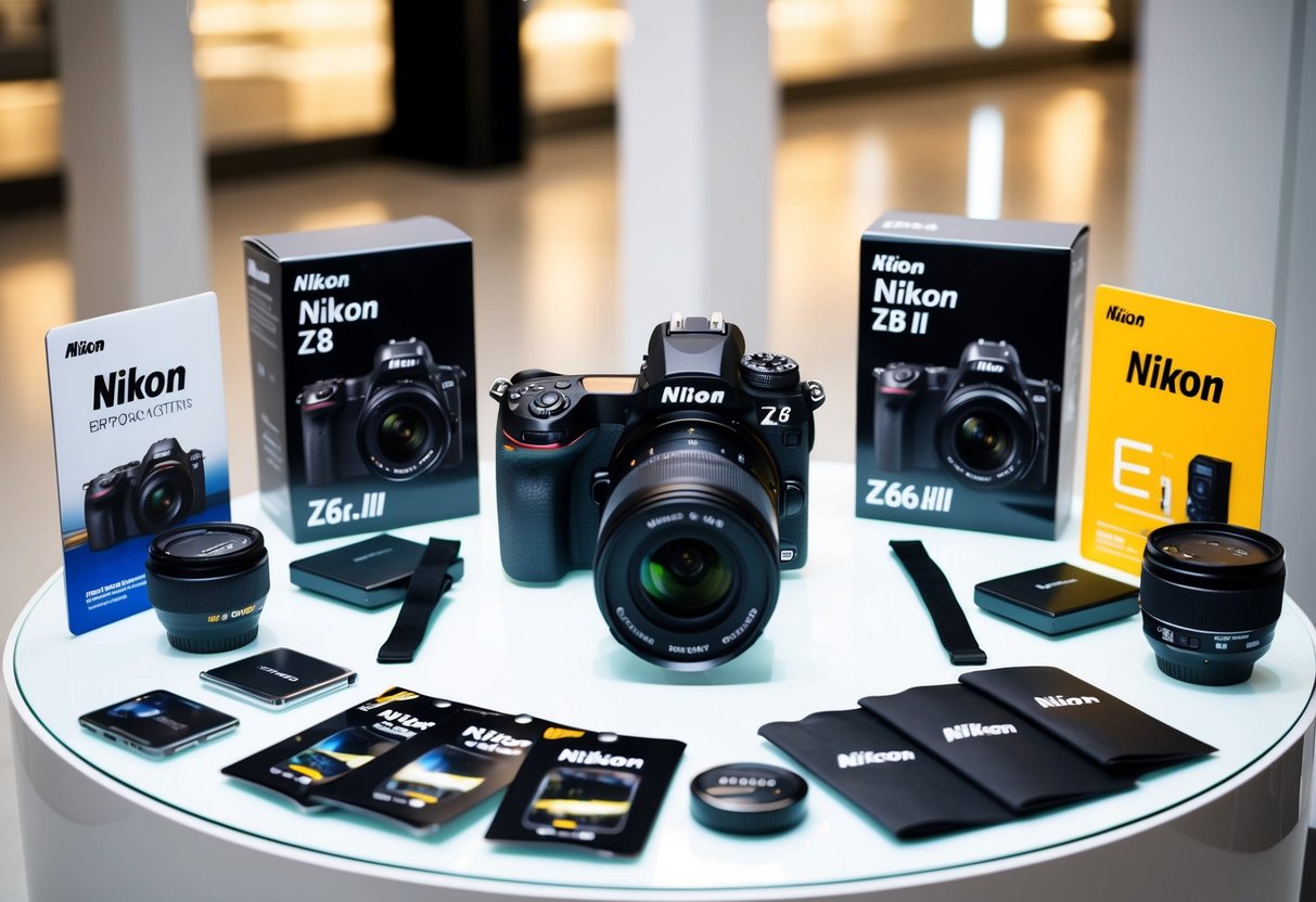A sleek Nikon Z6 II dslr camera surrounded by promotional materials and accessories on a clean, modern display table